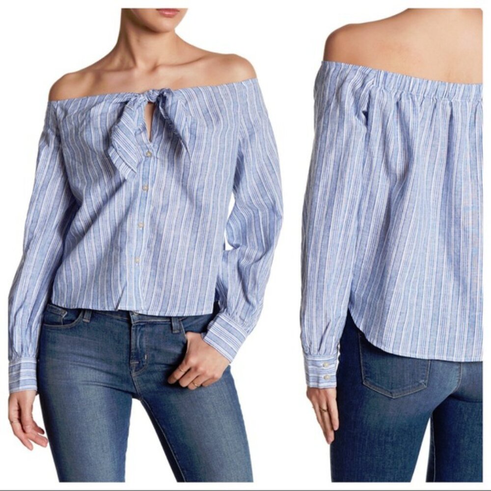 Free People Blue Striped Hello There Linen Tie Front Off Shoulder Top L - Picture 1 of 10